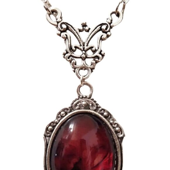 Gothic Vampire Pendant Necklace Red Crystal Punk Style Costume Accessory - Picture 1 of 8